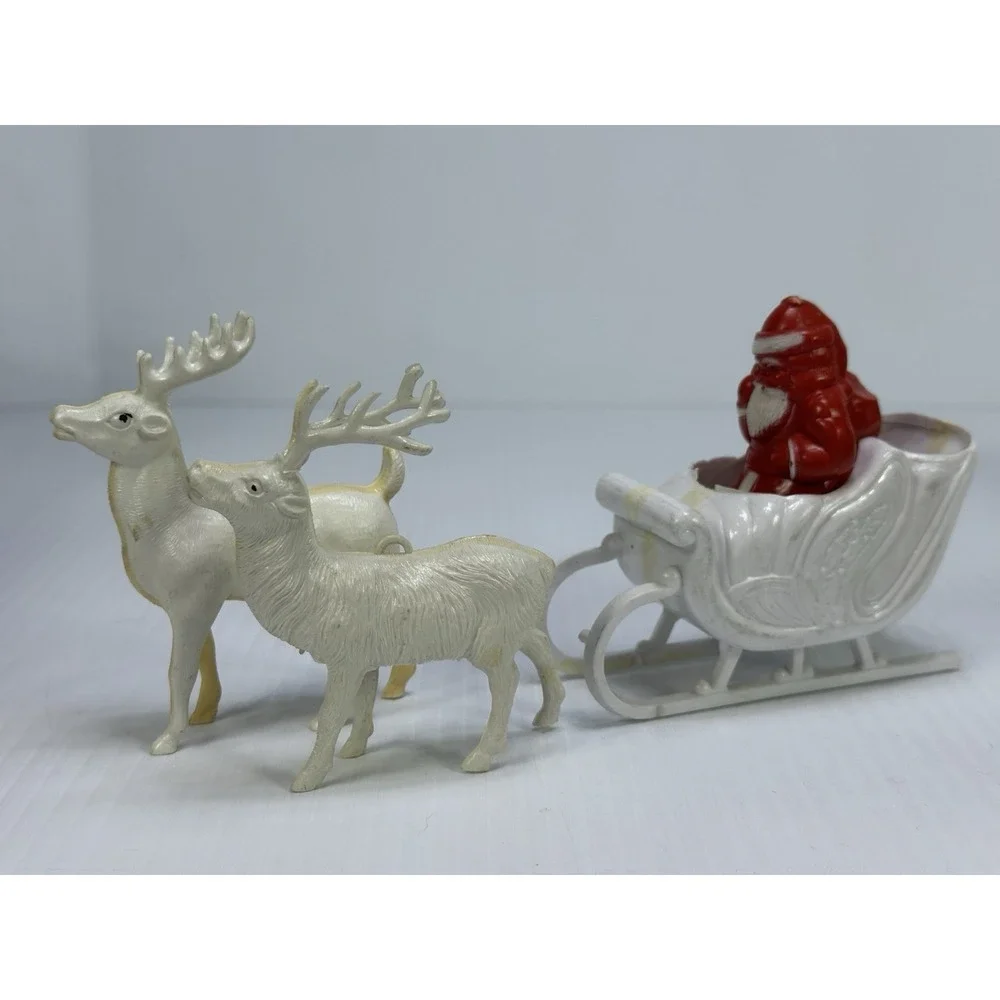 Vintage Christmas Hard Plastic Santa Sleigh Two White  Reindeer Candy Holder